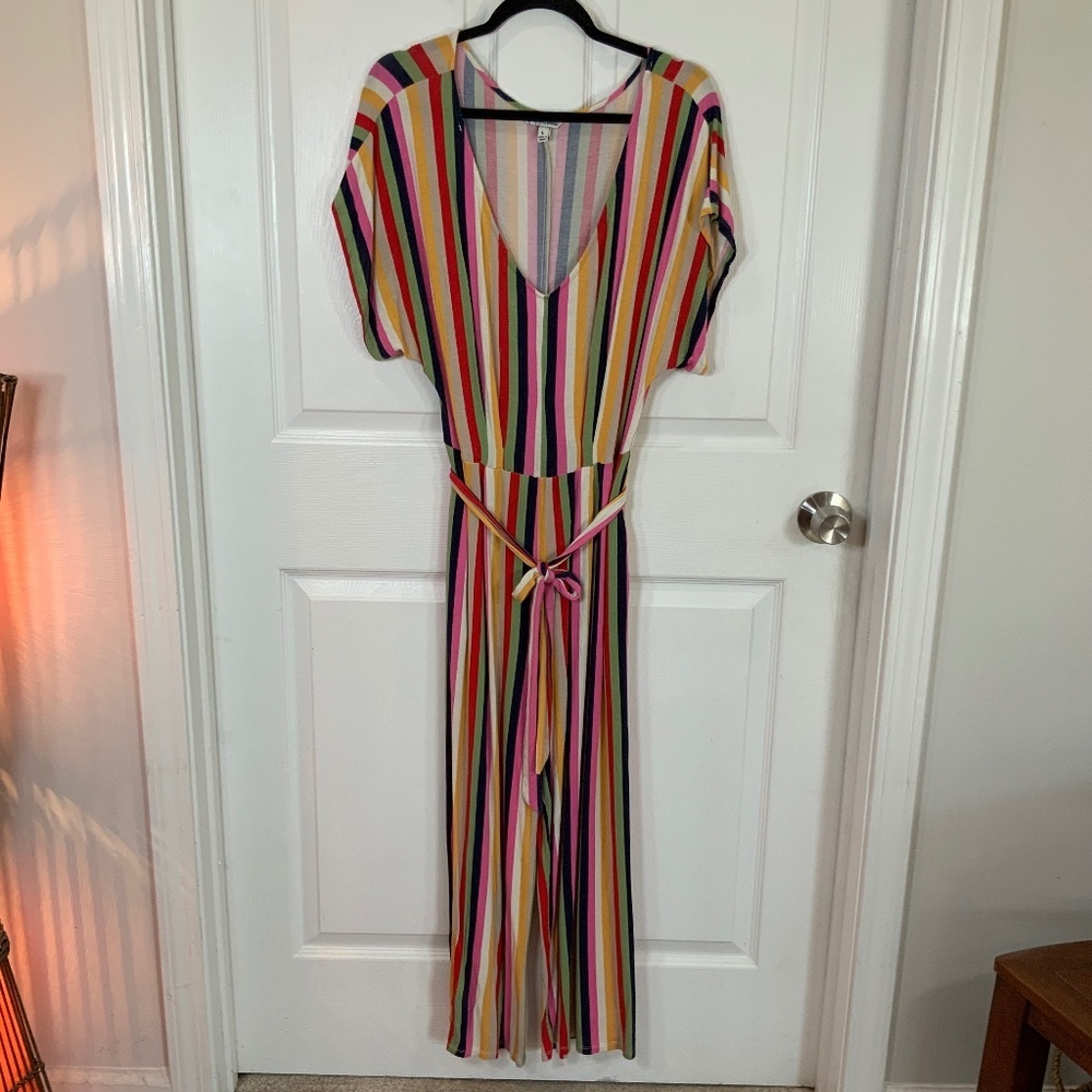 Colorful Striped Jumpsuit Belted Resort Festival Boho Summer Size Large